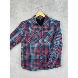 Eddie Bauer Jacket Womens M Red Blue Plaid Fleece Lined Shirt Shacket Flannel